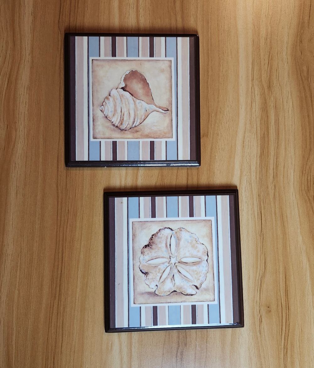 Set 2 Nautical Shell Wall Plaques 6x6 Coastal Beach Decor NWOT